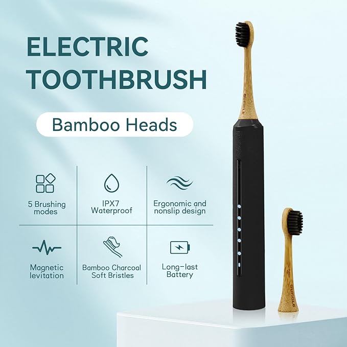 Bamboo Electric Toothbrush for Adults丨Rechargeable Electric Toothbrush with 3 Non Toxic Charcoal Infused Bamboo Brush Heads 5 Cleaning Modes 60 Days Battery Life IPX7 Waterproof-Black