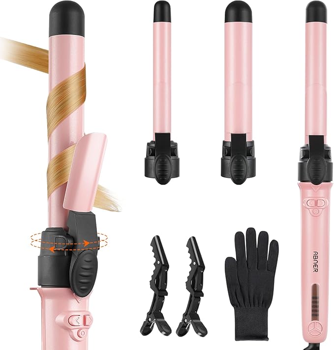 Rotating Curling Iron Set Automatic Curling Wand for Long Hair Easy to Use Hair Curler Get Effortlessly-Chic Beach Waves 3 Sizes Ceramic Barrel 0.75 1 1.25 to 430°F with Home Button Dual Voltage