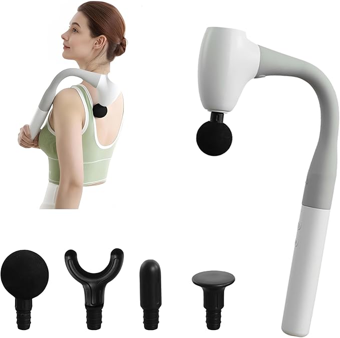 Massage Gun with Extended Handle Upgraded U-Shaped Back Massager Reaches Hard-to-Access Muscles 4 Massage Heads &amp 4 Speed Levels Body Massager for Back Waist Neck Shoulder Leg White