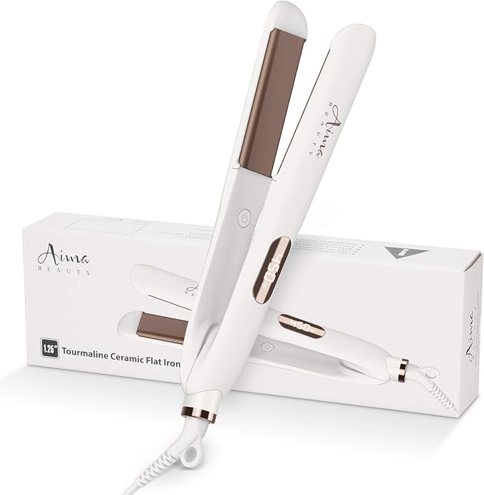 1¼ Inch Titanium Nano Flat Iron Aima Beauty 2 in 1 Hair Straightener with 3D Floating Ceramic Coating Plates for Healthy Styling &amp Thin Hair LCD Temp Display Dual Voltage White