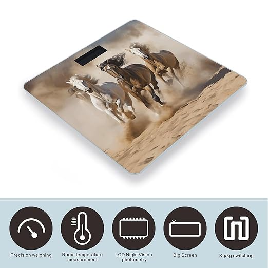 Three Running Horses Scale for Body Weight Anti-Slip Tempered Glass Digital Bathroom Scales Clear LCD Display Weighing Scale Safe Rounded Corners Smart Scales