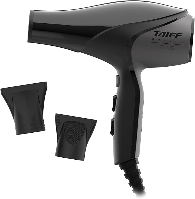 Taiff Unique Duo Professional Hair Dryer – 127V | 1875W Power | AC Motor | Tourmaline + Ionic &amp Ceramic Technology | Titanium Elements | 2 Concentrator Nozzles (Gray)