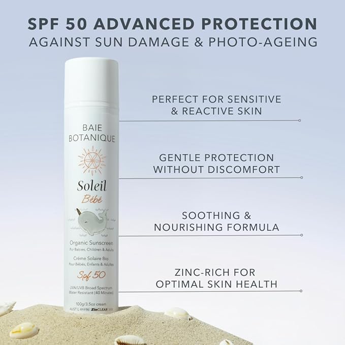 Baie Botanique Soleil Bébé - Organic Non-Toxic Mineral Baby Sunscreen SPF 50 - Sunflower &amp Jojoba - Unscented - Natural - Vegan - No White Cast - Reef Safe - UVA/UVB - 100g