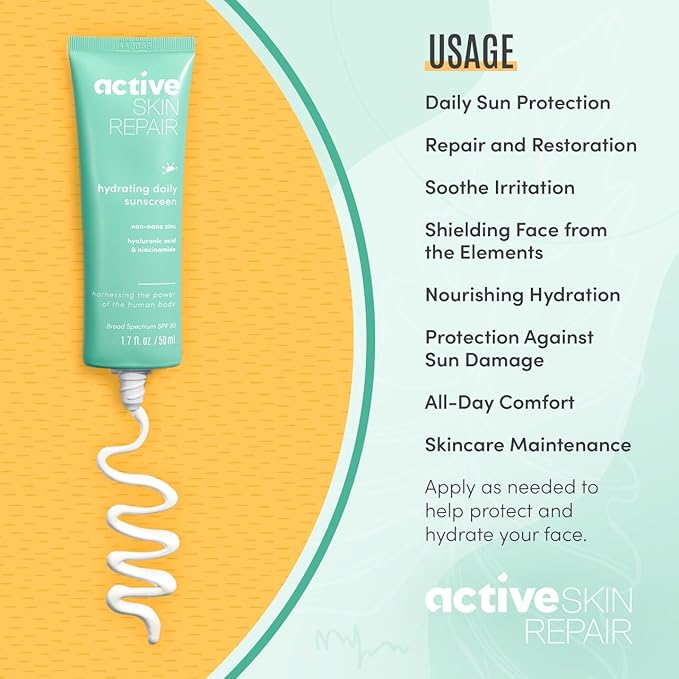 Active Skin Repair SPF 50 EWG-Certified Hydrating Daily Sunscreen and Face Moisturizer Non-Nano Zinc Non-Toxic Broad Spectrum Protection Hydrating Mineral Facial Sunscreen 1.7 fl. oz.