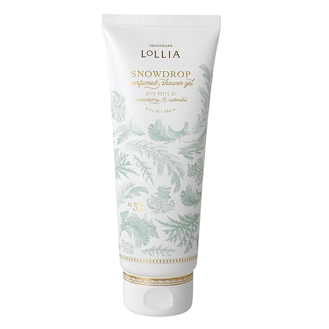 LOLLIA Snowdrop Shower Gel 8 fl oz 236 ml Winterberry &amp Cashmere Fragrance Luxury Shea Hydrating Women's Body Wash Delicate &amp Relaxing Scented Bath Soap