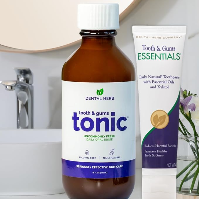 Healthy Gums Starter Kit – Tooth &amp Gums Tonic (18 oz) + Essentials Toothpaste | Fluoride-Free Alcohol-Free Vegan Plant-Powered Oral Care by Dental Herb Company