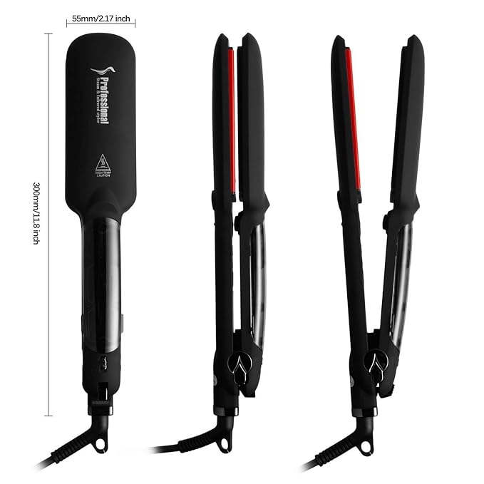 Professional Steam Infrared Hair Straightener Flat Iron with 2 inch Wide Tourmaline Ceramic Plate Fast Vapor Instant Heat Up with Adjustable Temperature Dual Voltage (Black)