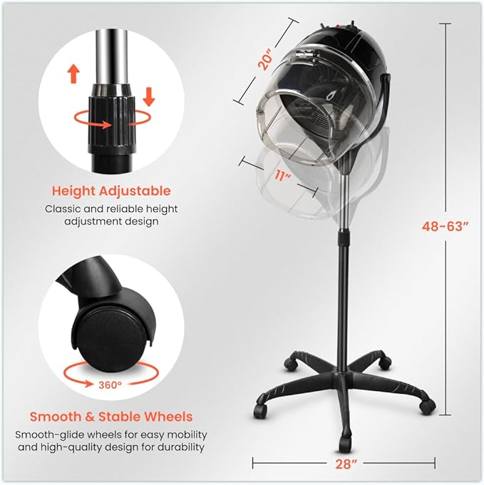 TASALON Professional Hooded Bonnet Hair Dryer Stand with Adjustable Timer Rolling Wheels - Portable Floor Standing Dryer for Home Salon &amp Beauty Spa Equipment