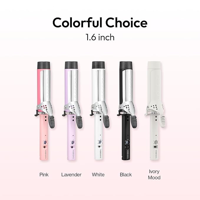 VODANA Professional GlamWave Ceramic Curling Iron 1.6 Inch Barrel Strawberry Cream Color Instant Heat Technology Natural Long-Lasting Curls