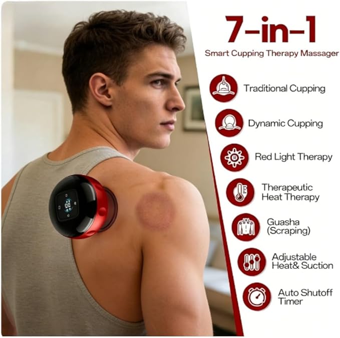 Smart Cupping Therapy Massager7-in-1 Red Light electric Therapy massage device with 2 Modes for Targeted Pain Relief Aches Muscle Soreness Circulation Tighter Skin with 12 Levels Suction and Heat
