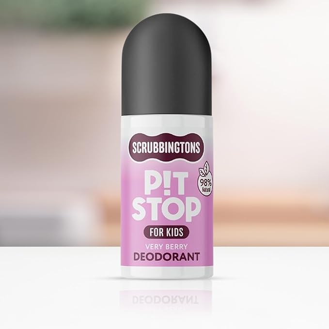 Scrubbingtons Pit Stop Kids Deodorant Natural Roll On For Children Teens. Made in UK 98% Natural Ingredients For Sensitive Skin. Paediatrician approved Aluminium &amp Alcohol Free Very Berry 75ml