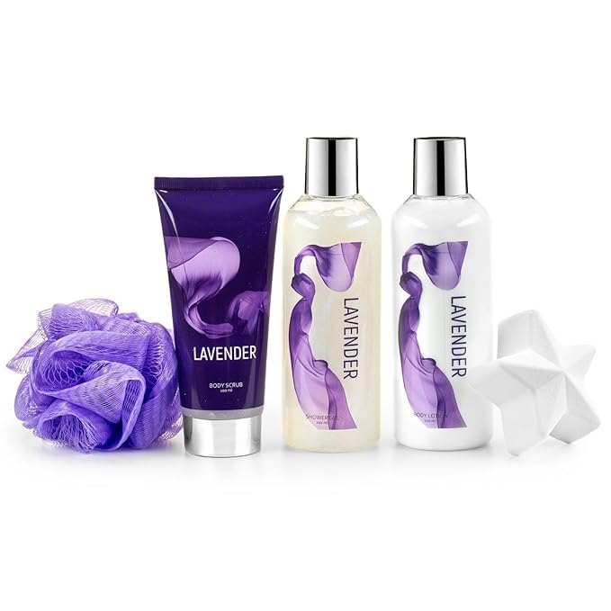 Fragrance Bath &amp Body Collection Gift Box Includes Shower Gel Body Lotion Body Scrub Bath Bomb &amp Sponge (Lavender) – Mother's Day Gift for Mom