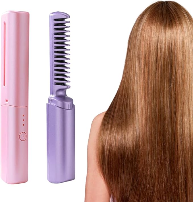Rechargeable Mini Hair Straightener 2023 New Rechargeable Cordless Hair Straightener Brush Three Temperature Adjustment Straightening Brush 3D Hair Care Comb for Dry and Wet Hair (Pink+Purple)