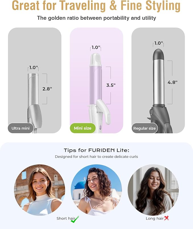 Europe Travel Curling Iron Mini: Dual Voltage Curling Iron for Traveling - Mini Travel Curling Irons 1 Inch with US PlugPurple 390℉ for Fine/Damaged Short Hair