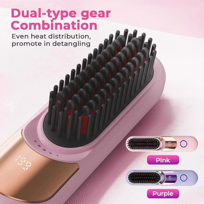 Wireless Ceramic Heating Hair Straightening Comb Portable Hair Straightening Brush Rechargeable Straightener Comb Fast Heating Straightener Brush for Travel Home (B_Pink)