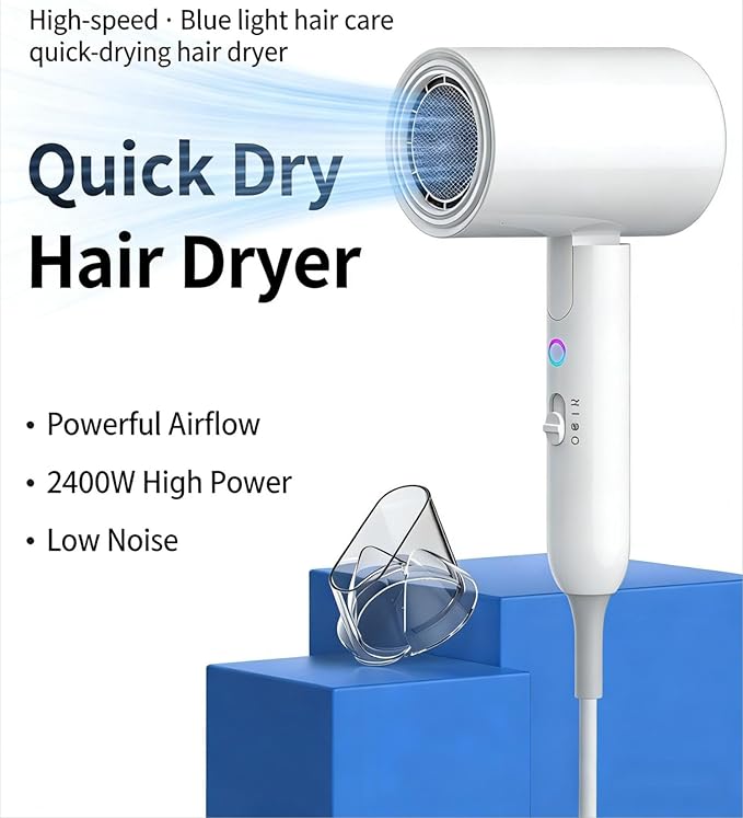 Ionic Hair Dryer 2000W Foldable Travel Hairdryer Portable Compact Blow Dryer White Big Wind and Low Noise Mini Hair Dryers for Home and Travel