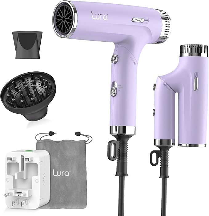 LURA Auto Dual Voltage Hair Dryer for International TravelTravel HairDryers with DifffuserSmall Portable Blow Dryer for Women LightweightCompact Mini Blowdryers with Folding Hand for Kids(Purple)