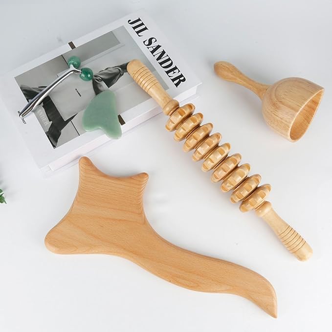 新组合东陵玉心形刮痧板 Gua Sha Facial Tools for Face &amp Body面部滚轮仪木质滚轮按摩杯刮痧套装 HomeOffice Body Electric Massagers