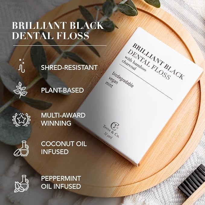 Terra &amp Co. Brilliant Black Dental Floss (3 Pack) | Organic Teeth Whitening Products | All Natural with Activated Bamboo Charcoal | Vegan &amp Cruelty Free | Luxury Dental Care