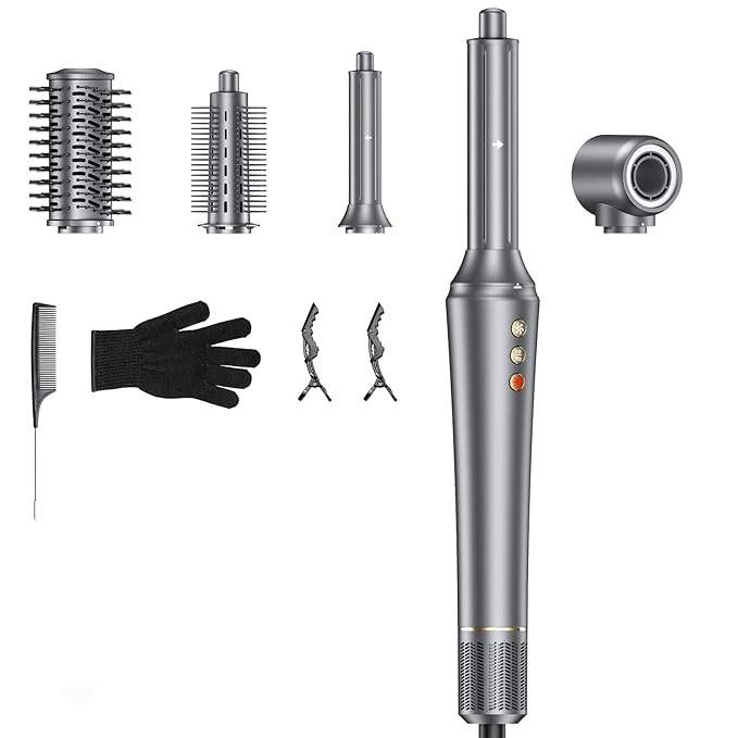 5 in 1 Hot Air Styler Wrap for Women - High-Speed Frizz-Free Hair Dryer Brush Ion Fast Drying Auto Wrap Cruler No Heat Damage Air Styler Wrap - Curl Volumize Straighten Gray