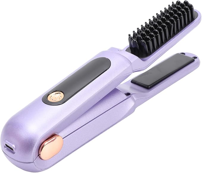 YUYTE Hair Straightener Brush for Women: 2 in 1 Curling &amp Straightening Brush with Dust Cover Ceramic Hot Comb with 3 Temps for Hair Styling (Purple)