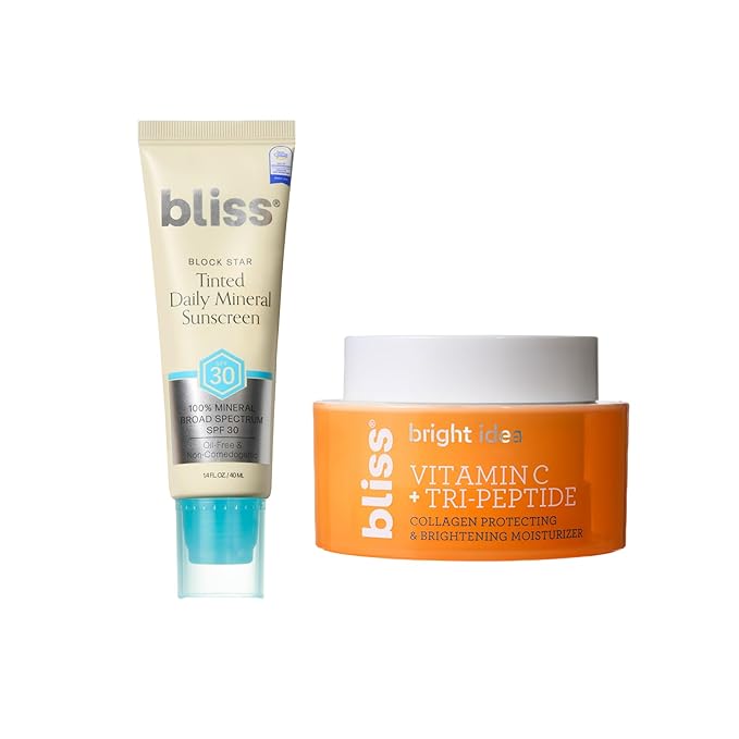 Bliss Tinted Mineral Sunscreen SPF 30 &amp Vitamin C Moisturizer Bundle - Block Star Lightweight Face Sunscreen + Bright Idea Glow-Boosting Moisturizer with Vitamin C &amp Tri-Peptides