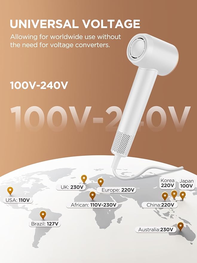 Dual Voltage Travel Hair Dryer with Diffuser High-Speed Ionic Blow Dryer for Women Fast Drying Low Noise Lightweight No Heat Damage European Travel 110V-120V/220V-240V