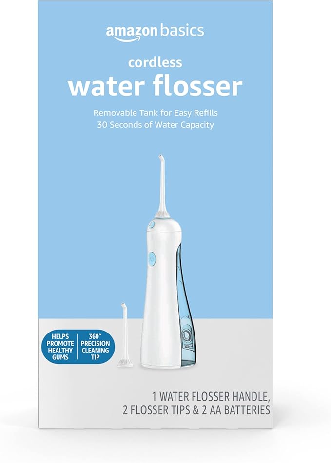 Amazon Basics HydroClean Portable Cordless Water Flosser for Teeth and Gums 2 Pressure Tips Removable Tank 30 Seconds Water Capacity 2 AA Batteries Included