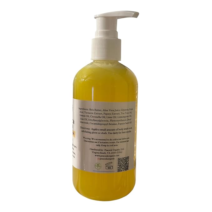 Turmeric Kojic Acid Body Wash with Papaya Extract – Brightening Body Cleanser for Uneven Skin Tone &amp Dark Spots Hydrating Shower Gel with Shea Butter &amp Aloe for Smooth Radiant Skin - 8oz