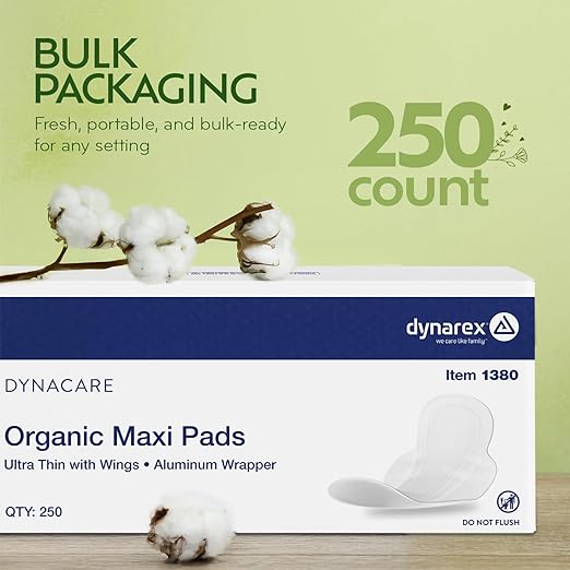 Dynarex DynaCare Organic Maxi Pads - Ultra-Thin with Wings - Organic Cotton Top Sheet Breathable Materials - Up to 8 Hours Protection - Individual Aluminum Wrappers - Case of 250