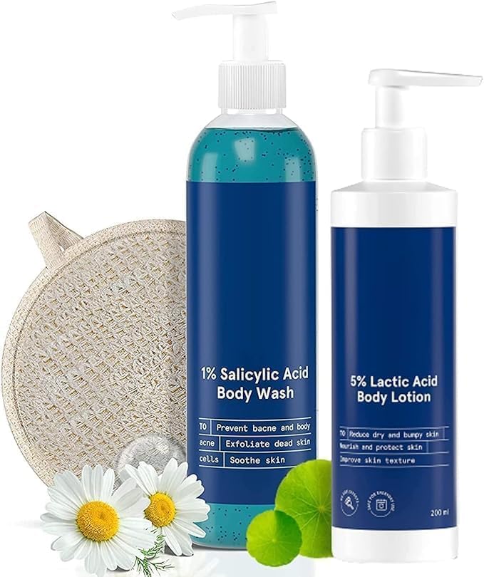 DS 1% Salicylic Acid Bodywash 375 mL with Loofah &amp 5% Lactic Acid Lotion 200 mL for Women | Helps to Prevent Body Acne Cleanses Skin &amp Nourishes Skin | Paraben and SLS Free