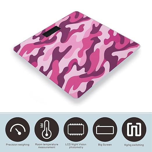 Pink Camo Weight Scale Cute Bathroom Scale for Body Highly Accurate Digital Weighing Machine for People Compact LCD Display Scales with Sturdy Toughened Glass Scales