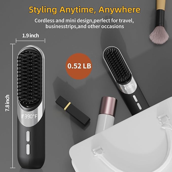 2-in-1 Cordless Hair Styling Brush &amp Straightener - Smart with 4 Temperature Settings Fast 30-Second Heating USB Rechargeable Travel Flat Iron with Pouch Ceramic Plates (Black)