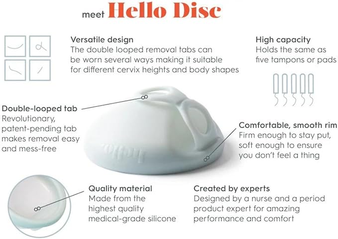Hello Period Menstrual Disc | Award Winning Reusable Soft Flexible Period Disc | Capacity of 10 Tampons | Double Loop Tab for Easy Removal Leak Proof Alternative to Pads &amp Tampons (Black)