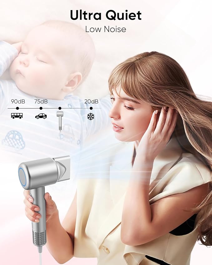 Hair Dryer High-Speed Ionic Low Noise Blow Dryer with Brushless Motor for Fast Drying Thermo-Control Quiet Compact Hair Blow Dryer with Magnetic Diffuser for Curly Hair for Home Travel Salon