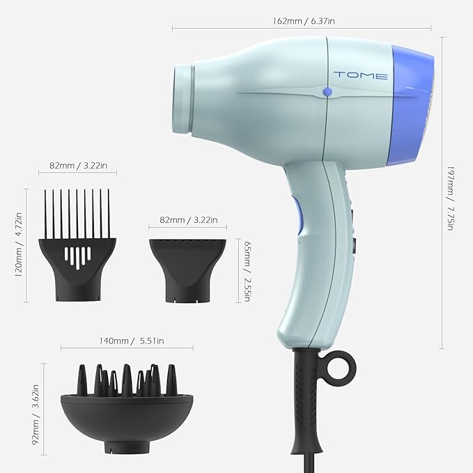 TOME Hair Dryer with Diffuser 1875W Ionic Blow Dryer with Comb Attachment and Concentrator for Home Use Fast Drying with Cool Shot and 2 Heat &amp 2 Speed Settings 125V Blue