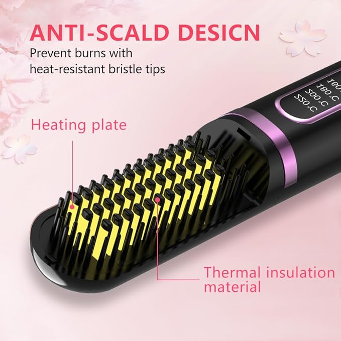 Cordless Hair Straightener Brush Portable Straightening Brush for Women Mini Negative Ion Hot Comb for Travel 30Mins Auto-Off USB Rechargeable Fast Heating 4 Temperature Settings(Black)