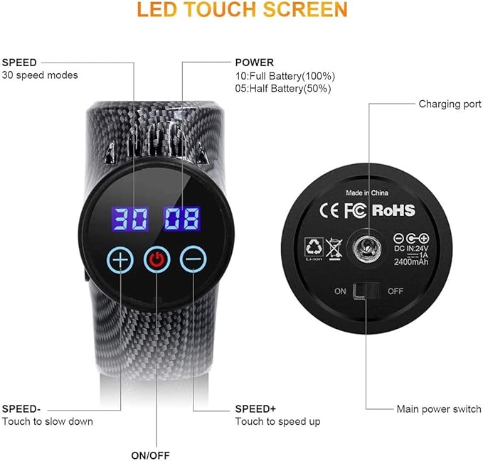 Deep Tissue Muscle Massage Gun Portable Electric Massager Ultra-Quiet 30-Speed Optional Mode with 6 Massage Heads and LCD Touch ScreenB