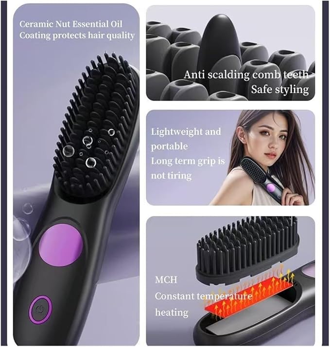 Cordless Hair Straightener Brush Portable Mini Hair Straightening Brush with 3 Temperature Settings &amp LED Display USB Rechargeable Fast Heating Hairs Brush for Travel(Pink)