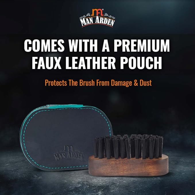 Man Arden Pocket Size Beard Brush with Hand Crafted Premium Wood Handle with Premium Faux Leather Pouch