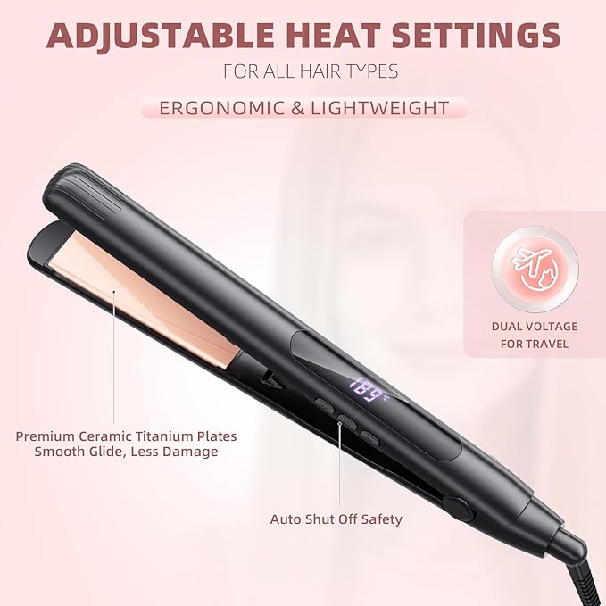 Hair Straightener Flat Iron 1 Inch Titanium Ceramic Ionic Hair Straightener and Curler 2-in-1 Fast Heat Up Adjustable Temperature Dual Voltage Auto Shut Off for Less Frizz Shines and Smooth