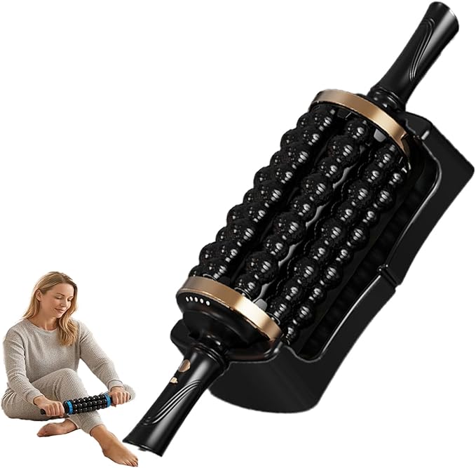 Electric Rolling Percussion Massager with Hands-Free Base Deep Tissue Fascia and Rechargeable Muscle Roller Stick for Exercise Recovery and Full Body Muscle Relaxation (Rose Gold)