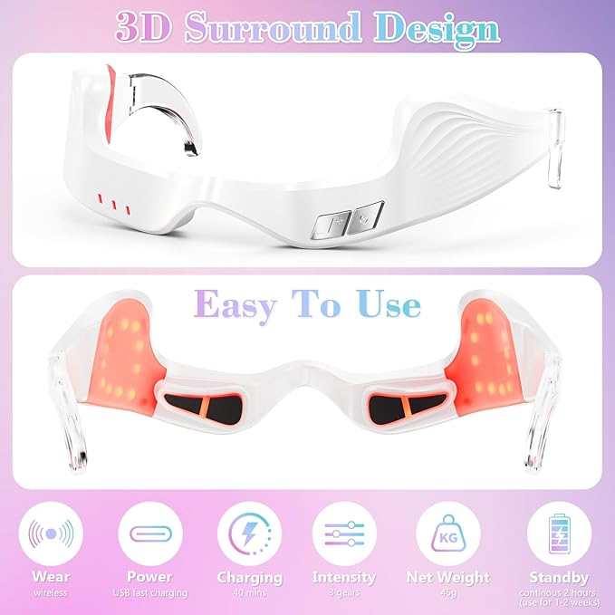 Under Eye Red Light Therapy Device Red Light Therapy GlassesRed 650 NMRed Light Eye Mask for The Treatment of Eye BagsDark CirclesPuffiness periorbital for Treating Acne (White）