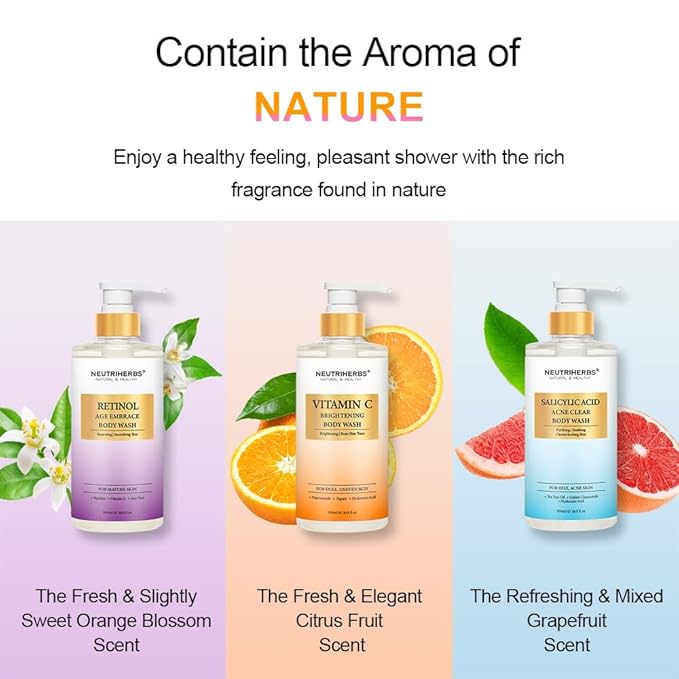 Neutriherbs Brightening Body Wash for DullUneven Skin Vitamin C Brightening Shower Gel For Women And Men Daily Shower Soap With Papain Niacinamide - Citrus Scent 16.9 Fl.Oz