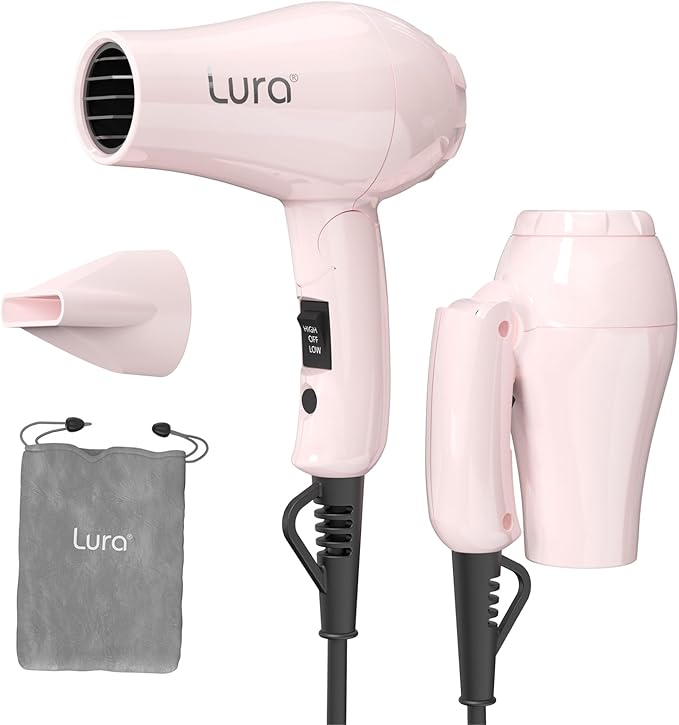 LURA Smart Dual Voltage HairDryer: Mini Travel Hair Dryer for Women1200w Small Portable Blow Dryer with Pouch for Gym(Pink)
