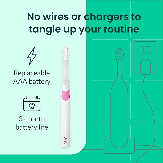 Quip Sonic Electric Toothbrush for Adults - Time Travel &amp Soft Bristles with Travel Case &amp Replacement Brush Head - 3 Month Battery Life Plastic Handle - Magenta