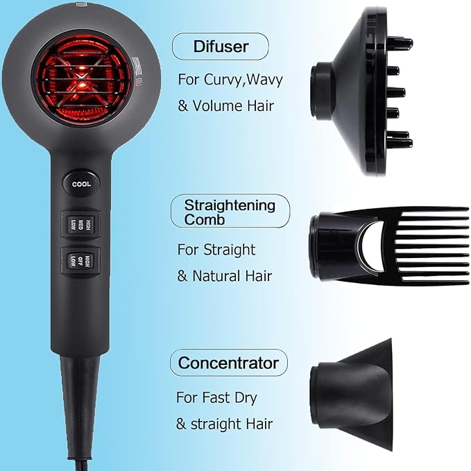 JINRI Infrared Hair Dryer Professional Salon Hairdryer Negative Ionic Blow Dryers for Fast Drying Pro Ion Quiet Hairdryer with Diffuser &amp Concentrator &amp Comb Black