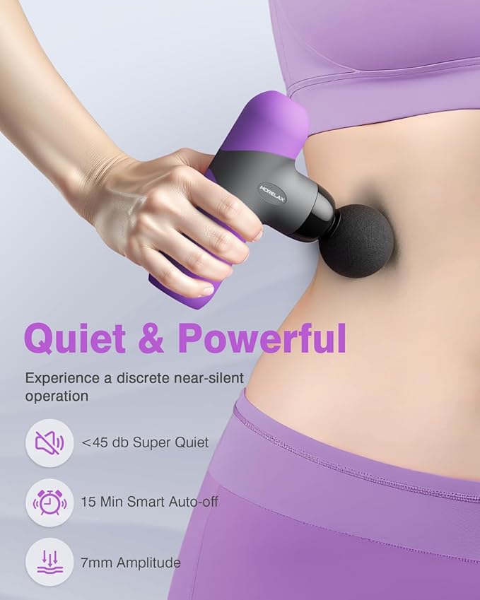Morelax Mini Massage Gun Portable Deep Tissue Muscle Percussion Massager Electric Handheld Sport Massager with 6 Massage Heads 4 Speed Best Gift (Purple)