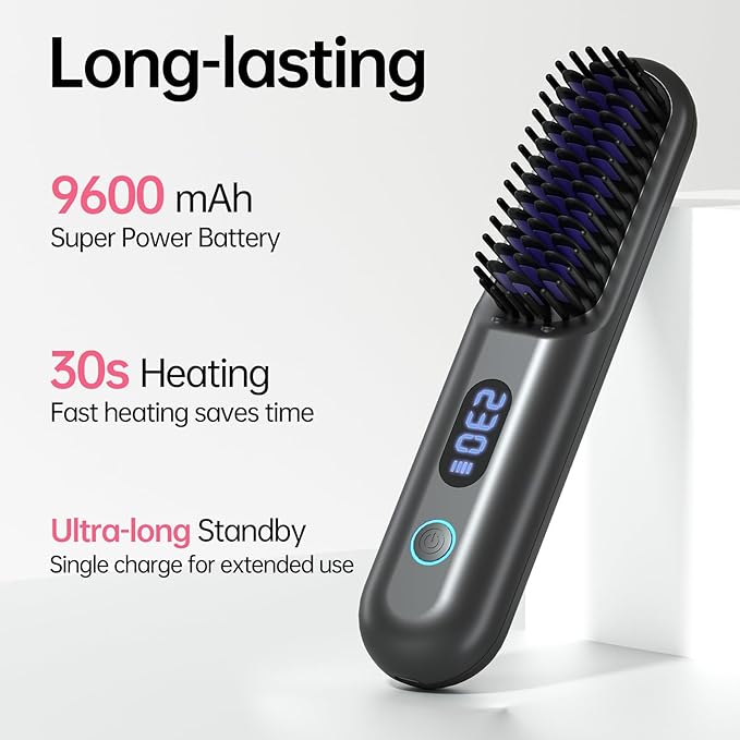 Cordless Hair Straightener Brush-Portable Straightening Comb 9600mAh Batt Plasma Tech 9 Temp-Settings &amp LED Display for Travel &amp Home (Grey)