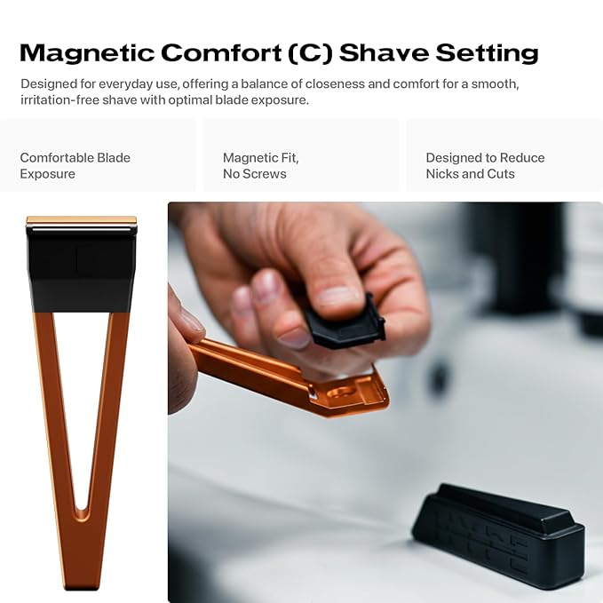 HYPE X1 Safety Razor - Aerospace Grade Aluminum - Magnetic Comfort (C) Shave Setting - Ergonomic V-Shaped Reusable Gentle Shaving Razors For Men and Women - Orange